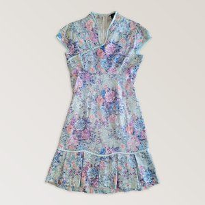 Floral Cheongsam Qipao Dress, Satin Chinese Dress, Size S